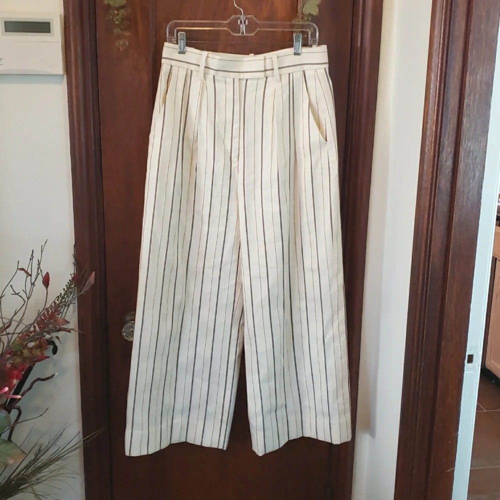 Banana Republic Wide Leg Linen Blend Cream Striped Trousers Size 10p